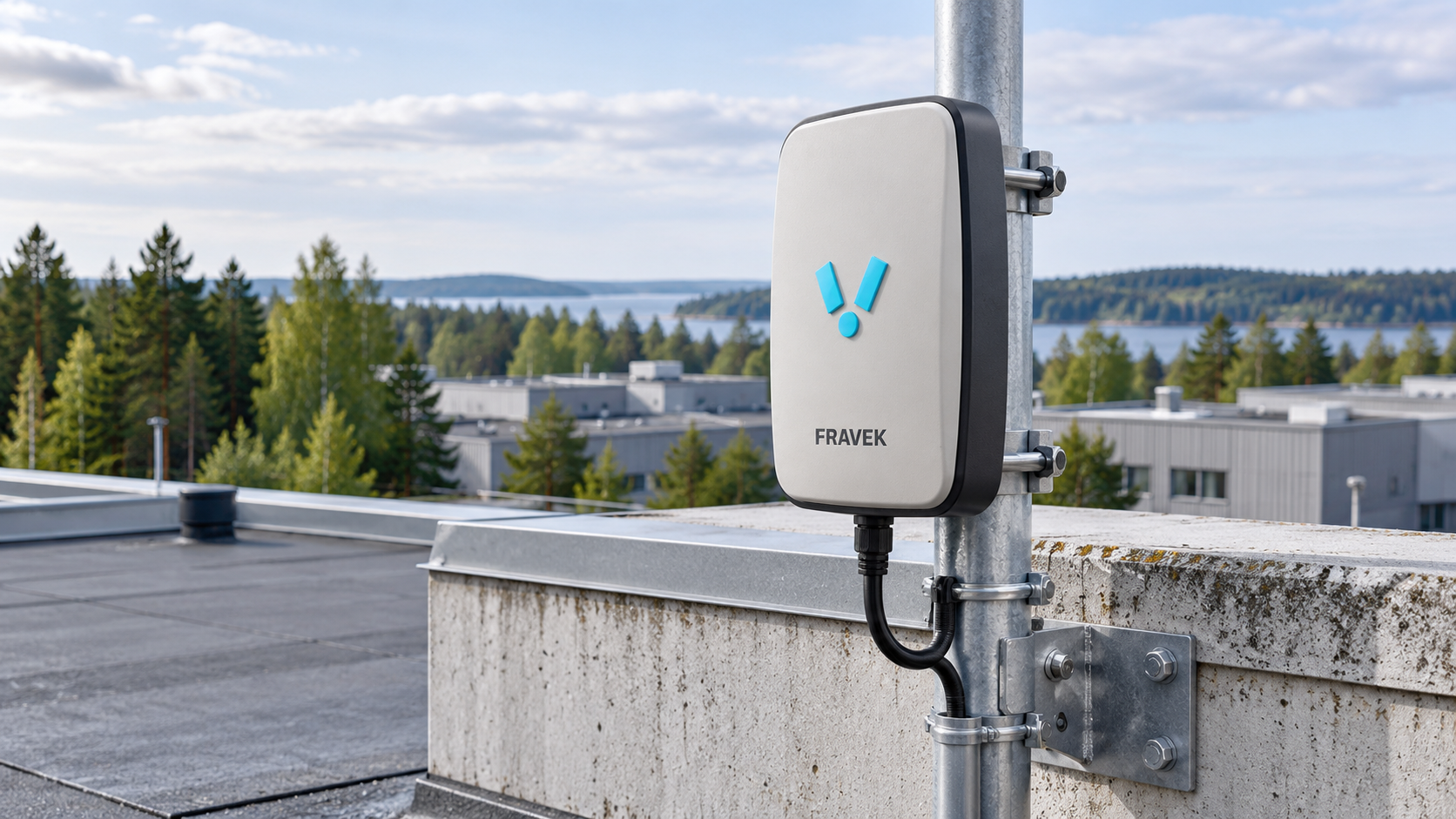 White Fravek sensing node mounted on a rooftop mast