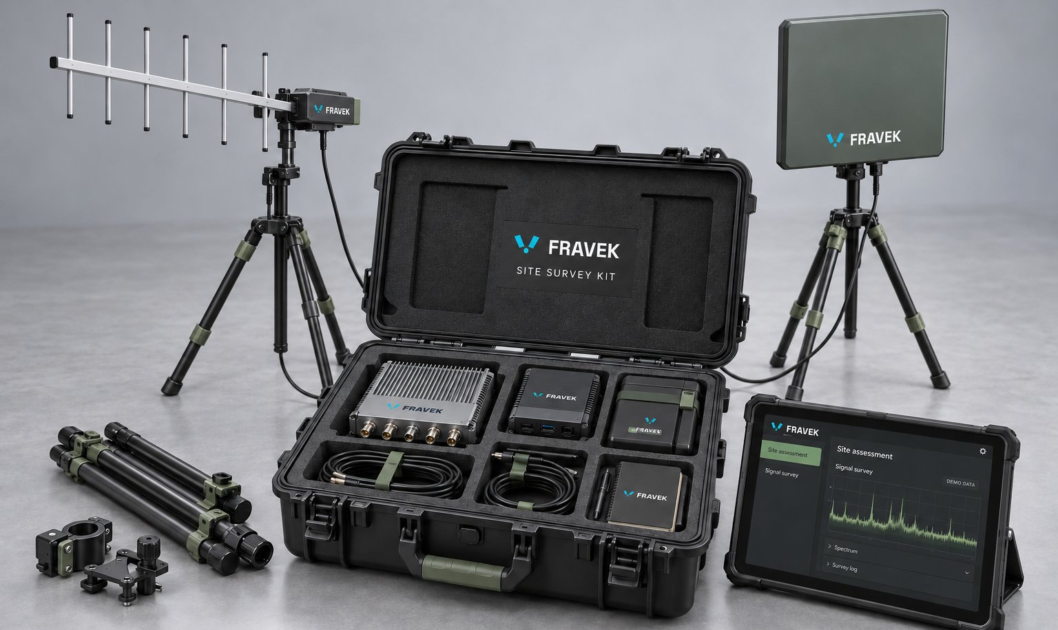 Fravek Site Survey Kit with receivers, antennas on tripods, cabling and a rugged tablet in an open case