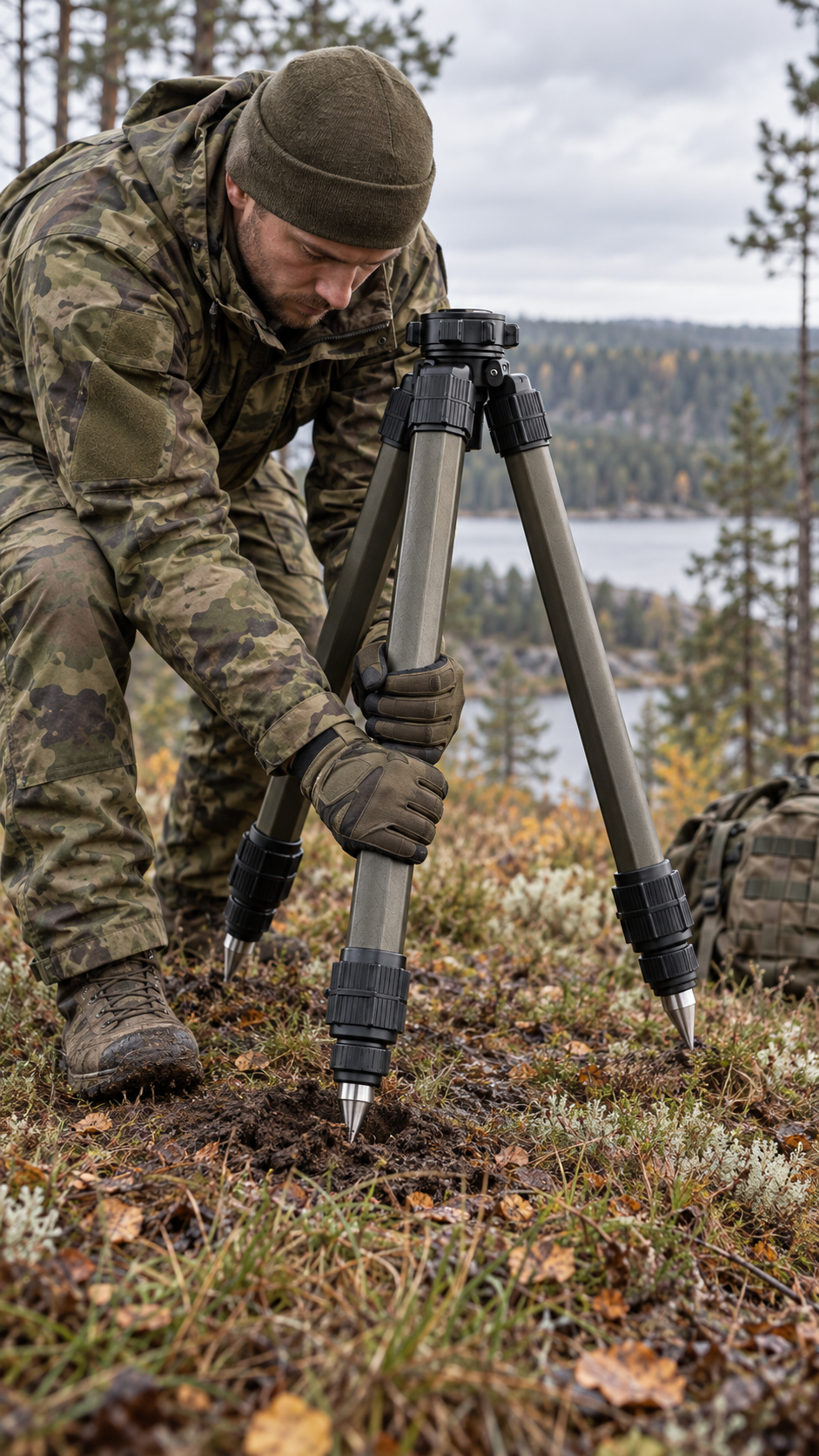 Soldat som planterar ett robust Fravek-fältstativ