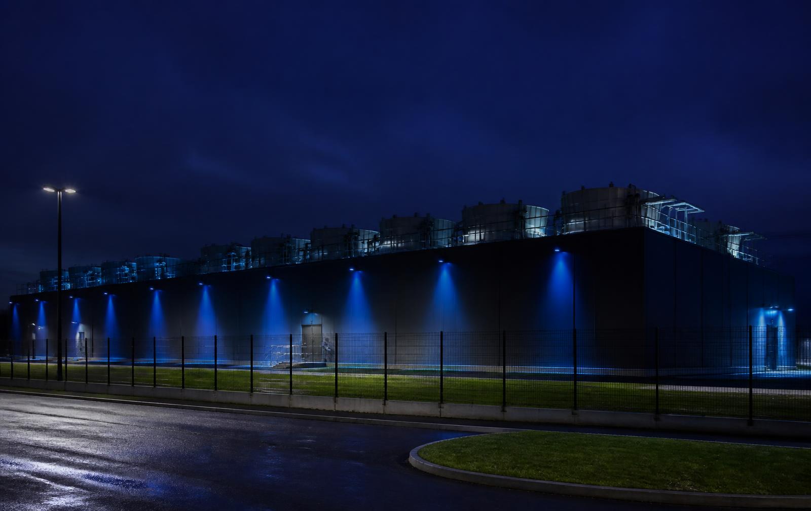 Data centre campus with rooftop cooling units and security fence at night
