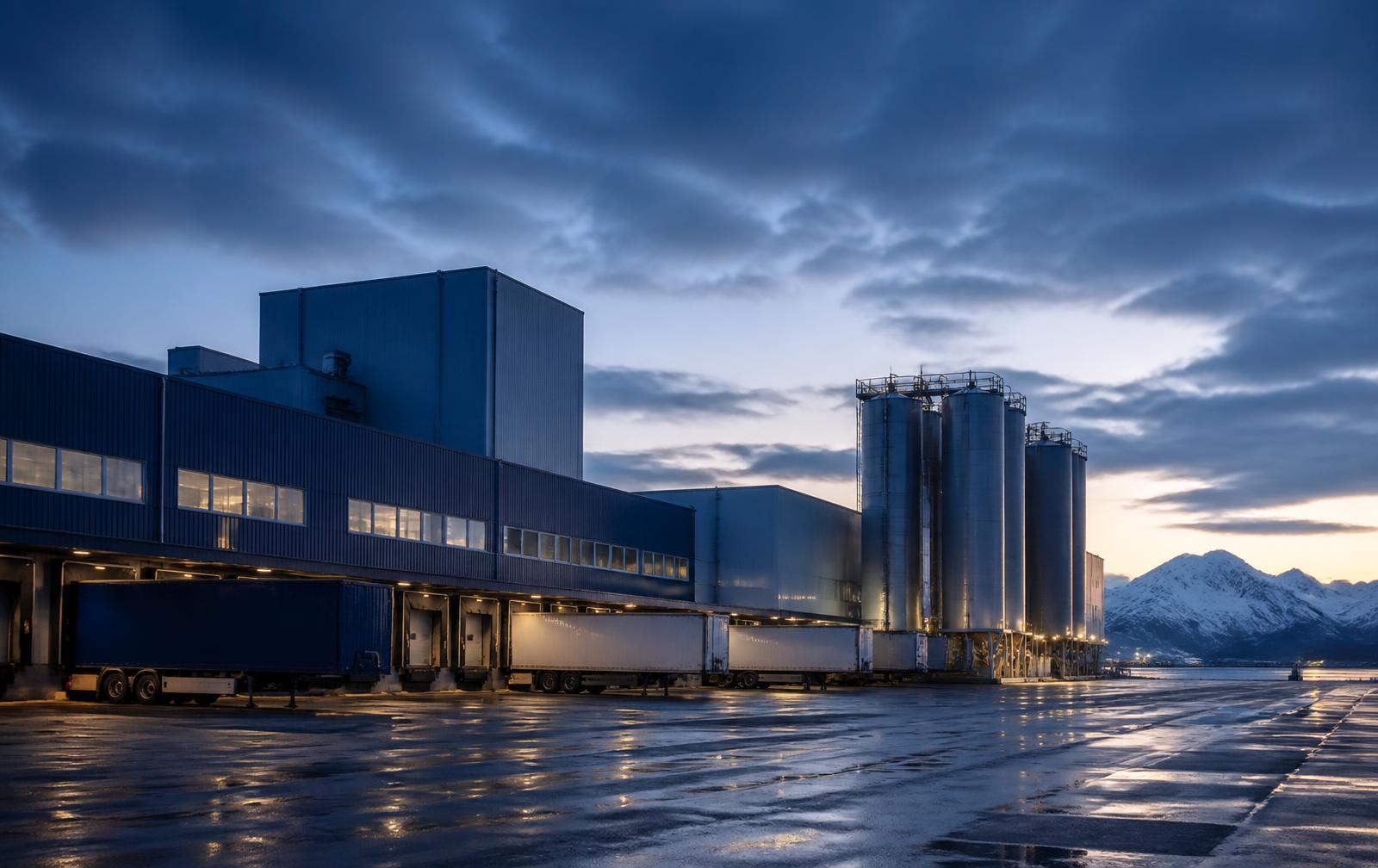 Industrial food production and distribution facility with loading docks and silos at dusk