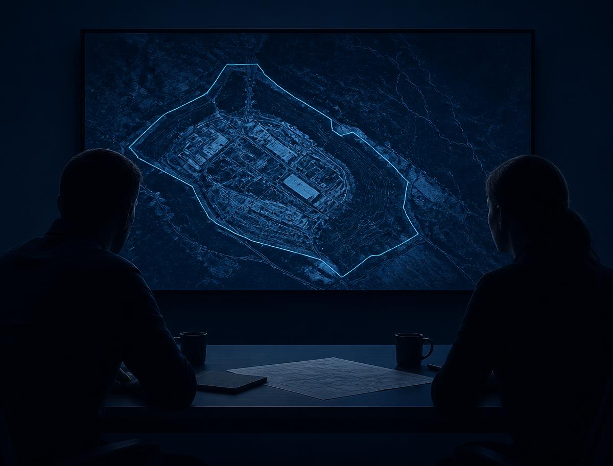 Two people reviewing a site outline on a screen