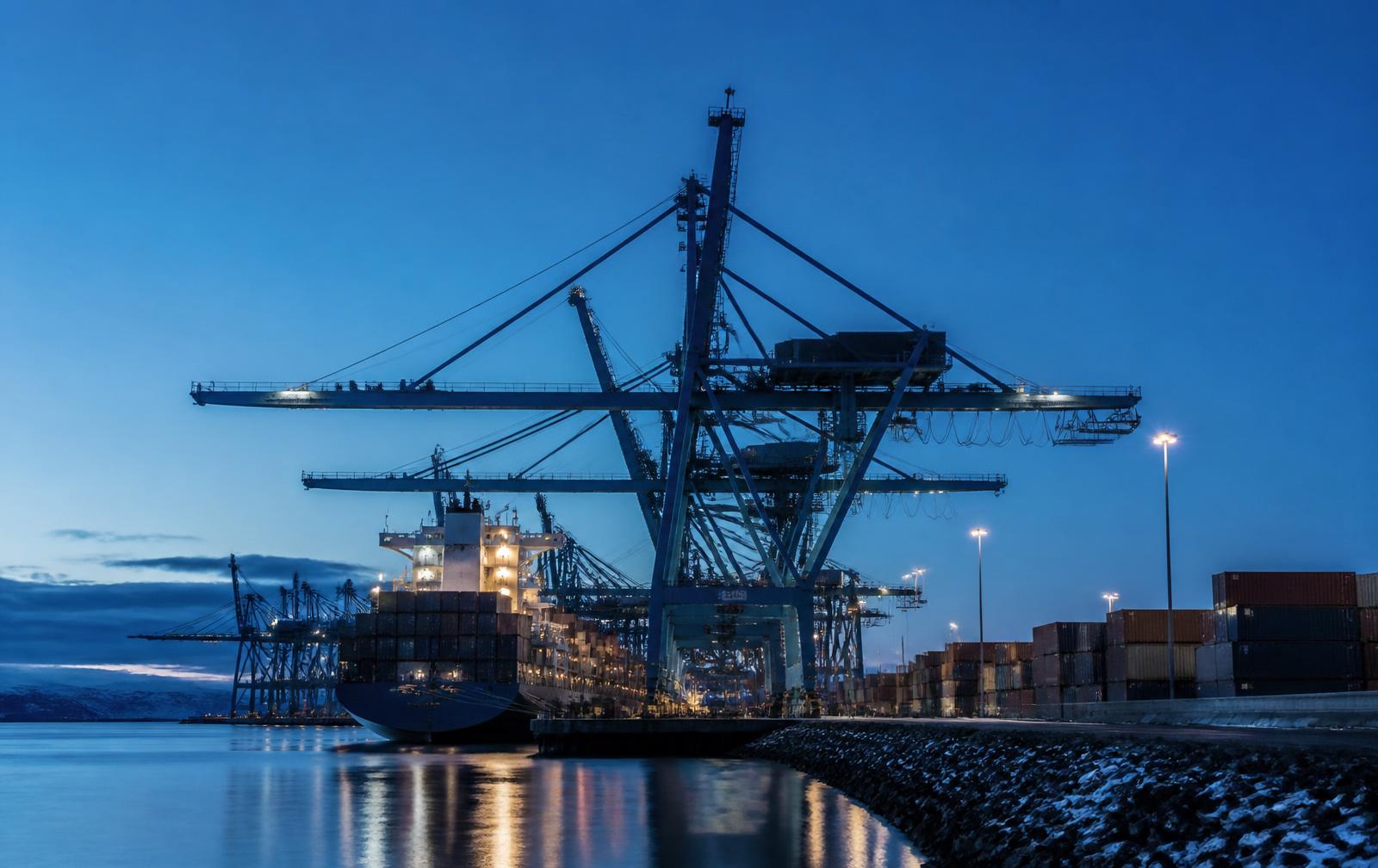 Container port terminal with gantry cranes at dusk